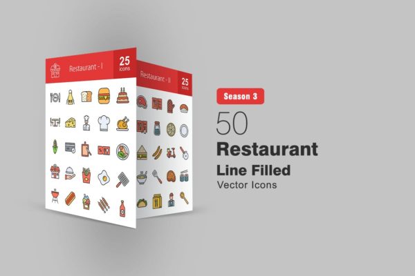 50个餐厅填充线条图标 50 Restaurant Filled Line Icons