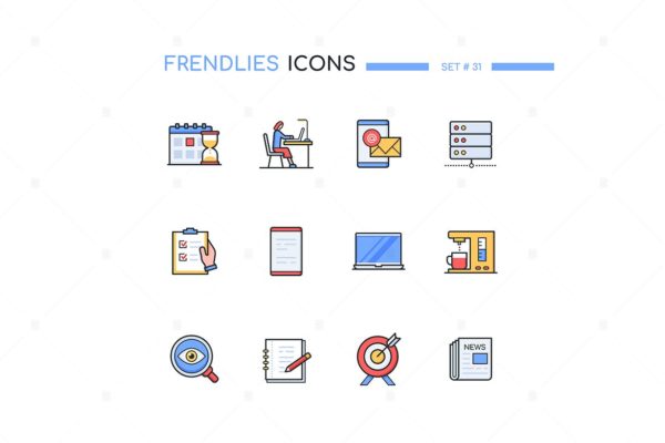 办公室元素现代线条设计风格图标集 Office – modern line design style icons set