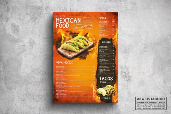 墨西哥烤肉餐馆菜单排版设计模板 Mexican Poster Food Menu – A3 & US Tabloid