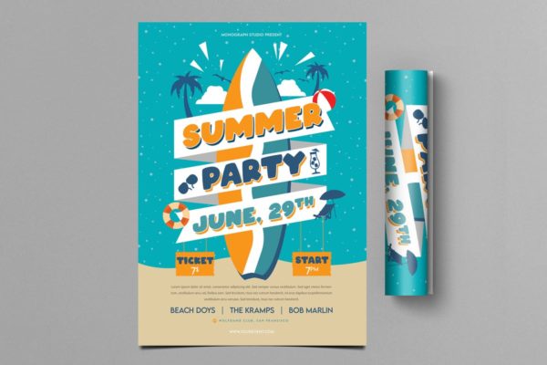 冲浪板夏季派对海报传单设计模板 Summer Party Flyer