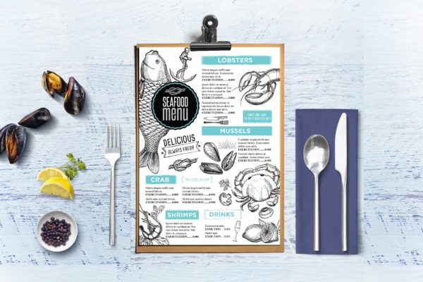 海鲜餐厅用餐餐垫菜单设计模板 Seafood Menu Placemat