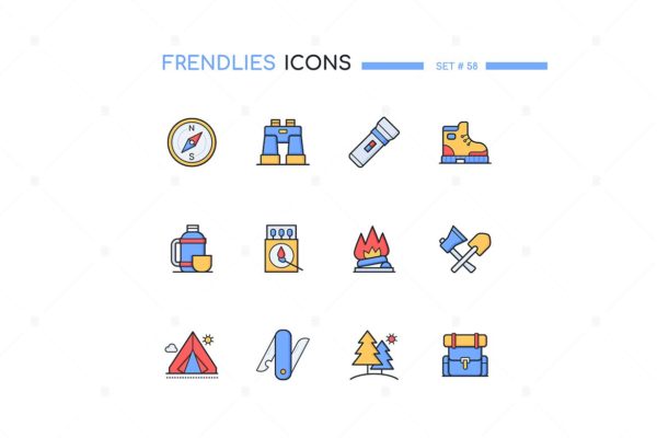 露营主题现代线条设计风格图标集 Camping – Modern Line Design Style Icons Set
