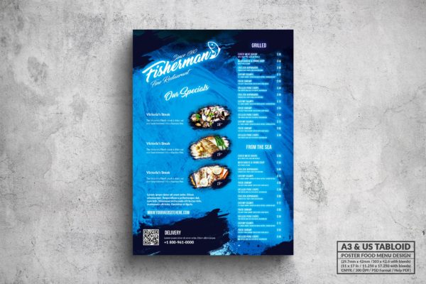 海鲜美食海鲜餐厅菜单版式设计模板 Fisherman Poster Food Menu – A3 & US Tabloid