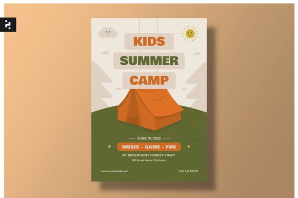 暑假儿童露营野外活动海报模板 Kids Summer Camp Flyer Template