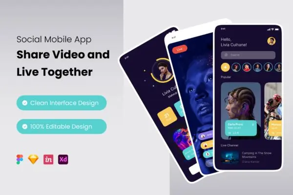 社交媒体App应用页面UI设计模板 Social Media Mobile App
