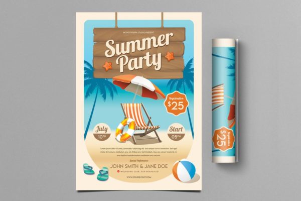沙滩元素夏季派对旅行传单PSD素材 Summer Party Flyer