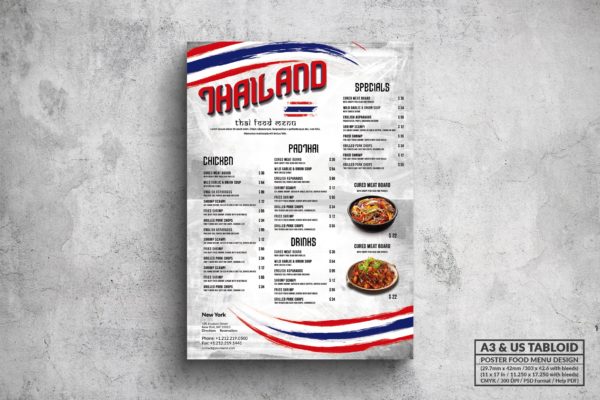 泰国菜招牌餐厅菜单版式设计模板 Thai Cuisine Poster Food Menu – A3 & US Tabloid
