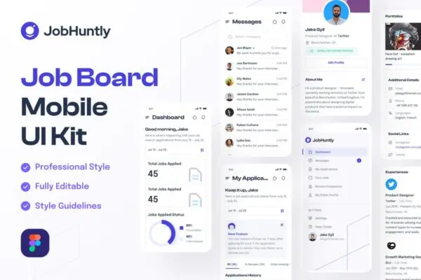 找工作/职业门户App移动应用程序UI套件 Jobhuntly – Job/Career Board Mobile App UI Kit