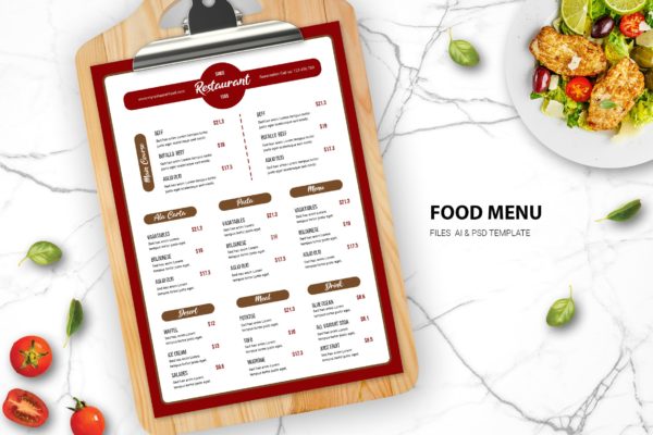 A4单页西餐厅美食食品菜单模板设计 Pasta Food Menu