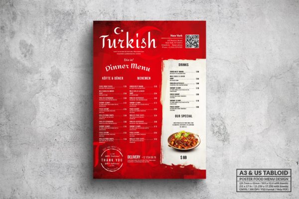 土耳其美食餐厅餐馆菜单排版设计模板 Turkish Cuisine Poster Food Menu – A3 & US Tabloid