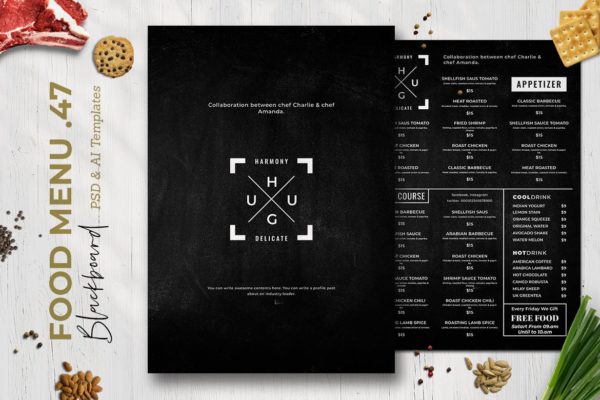 黑板画风格西餐厅菜单设计模板v47 Blackboard Food Menu. 47