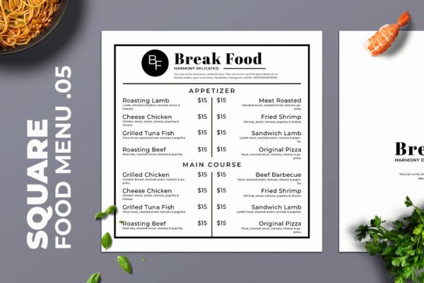 简约风西式餐厅菜单版式设计模板v05 Square Food Menu. 05