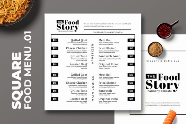 黑白配色西餐菜单排版设计模板v01 Square Food Menu. 01