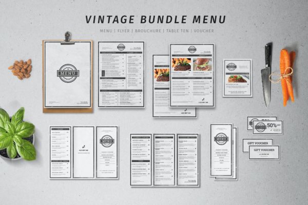 复古设计风格高端西餐厅菜单版式模板 Vintage Menu Bundle