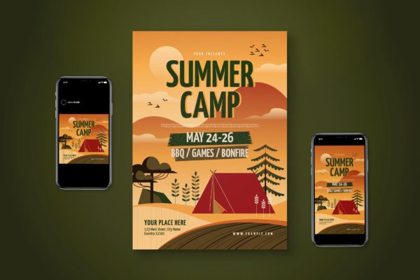 夏季露营活动海报设计 Summer Camp Flyer Set