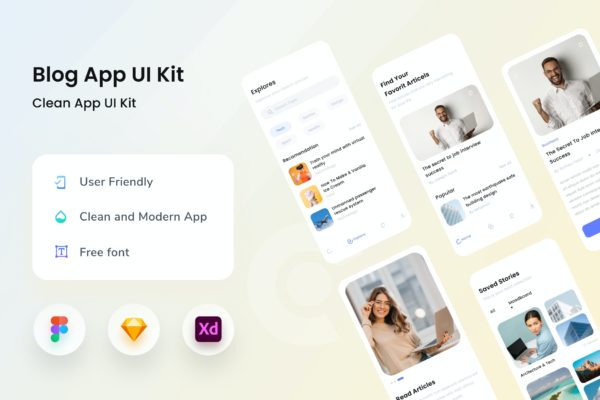 移动博客手机界面设计UI/UX套件模板 Blog Mobile App
