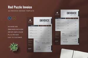 红色拼图发票/费用清单模板 Red Puzzle Invoice