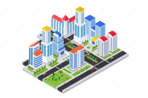 住宅小区彩色等距插画 Housing complex – colorful isometric illustration