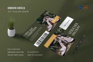 绿色高跟鞋产品礼券设计模板 Green Heels Gift Voucher