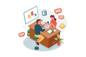 社交媒体营销人物场景矢量插画 Male and female doing social media marketing