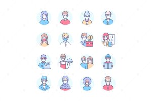 口罩人物线条设计风格图标集 People in Face Masks – Line Design Style Icons Set