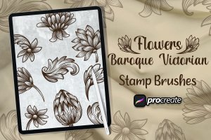巴洛克风格花卉印章Procreate笔刷素材 Flower Baroque Victorian  Brush Stamp  Procreate