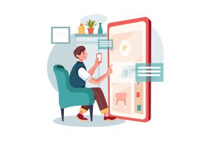 查看广告场景矢量插画 Man checking advertisement Illustration