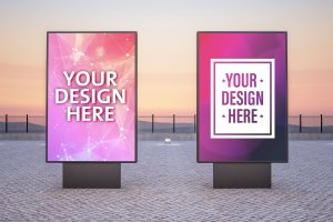 日落背景灯箱广告牌设计样机 Twice billboards mockup on a sunset background