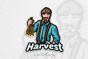 农业收获农民人物Logo设计模板 Happy Farmer Agriculture Harvest Organic Wheat