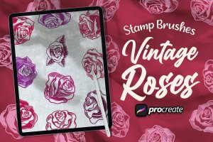 复古玫瑰印章Procreate笔刷素材 Vintage Roses Brush Stamp