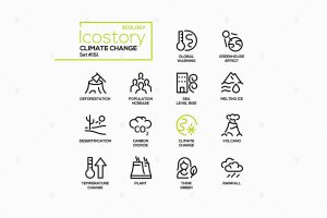 气候变化线条设计风格图标集 Climate Change – Line Design Style Icons Set