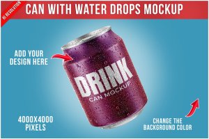 水珠铝制易拉罐包装设计样机模板v5 Can With Water Drops Mockup Template