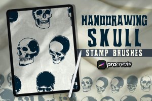 手绘头骨印章Procreate笔刷素材 Hand Drawing Skulls Stamp Brush