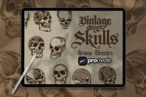 复古骷髅头印章Procreate笔刷素材 Vintage Skull Brush Stamp