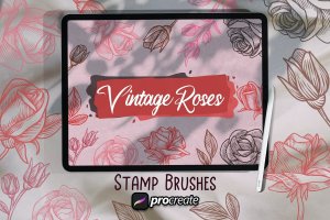 复古玫瑰花卉印章Procreate笔刷素材 Vintage Roses Brush Stamp
