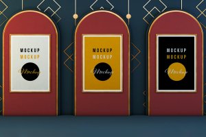 3个装饰艺术背景框架海报展示样机 Three Frame on Art Deco Set background Mockup