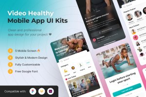 健康运动App界面设计UI模板 Video Healthy Mobile App UI Kits Template
