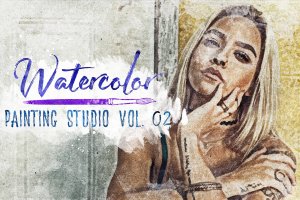 水彩绘画照片效果样机psd模板v2 Watercolor Painting Studio Vol. 02