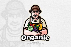收获有机水果和蔬菜农民人物Logo设计模板 Happy Farmer Harvest Organic Fruits and Vegetable