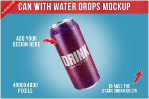 水珠铝制易拉罐包装设计样机模板v4 Can With Water Drops Mockup Template
