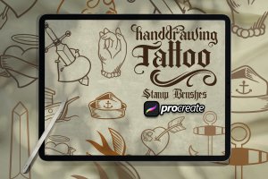 手绘复古纹身印章Procreate笔刷素材 Hand Drawing Tattoos Brush Stamp