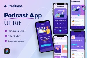 专业播客移动App应用程序UI套件模板 Professional Podcast Mobile App UI Kit Template