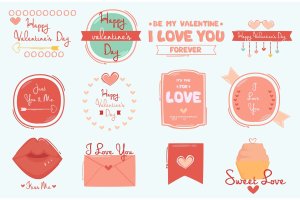 情人节复古风格徽章插画 Valentine’s Day Vintage Style Badges Illustration