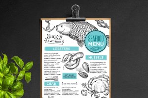 素描设计风格海鲜餐厅菜单模板素材 Seafood Menu Template
