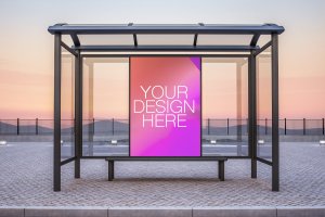 日落背景公共汽车候车亭框架海报广告样机 Bus shelter frame mockup on a sunset background