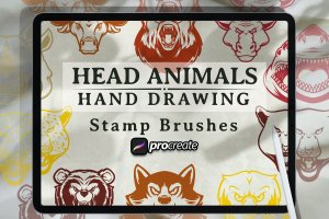 动物头像手绘印章Procreate笔刷素材 Animal Head Hand Drawing Brush Stamp