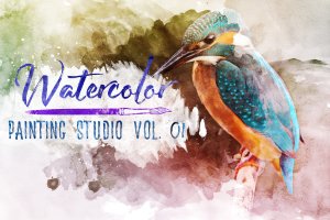 水彩绘画照片效果样机psd模板v1 Watercolor Painting Studio Vol. 01