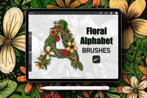 花卉字母表印章Procreate笔刷素材 Floral Alphabet Procreate Stamp Brushes