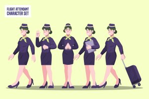空姐人物角色插画矢量素材 Flight Attendant – Character Set Illustration