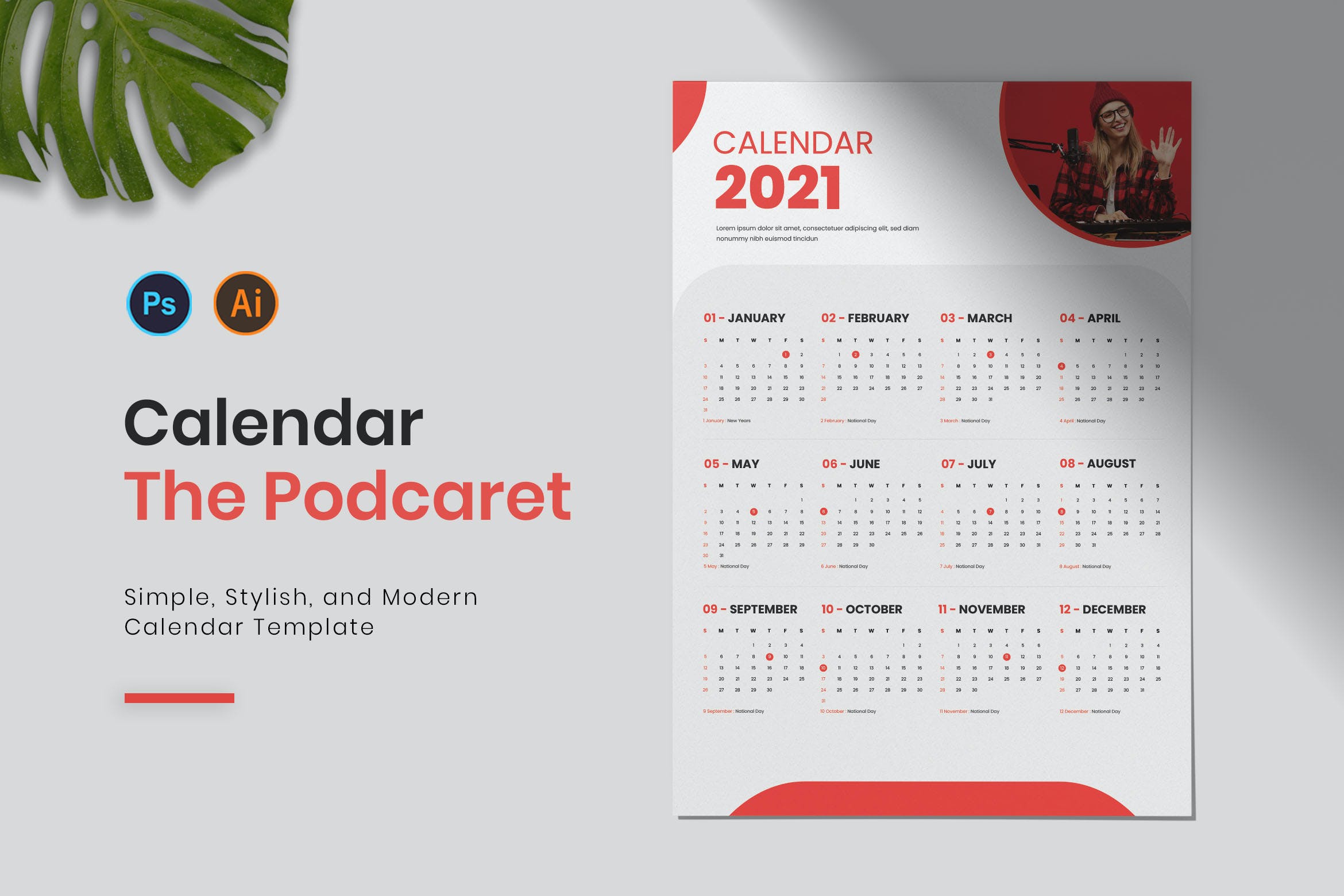 播客主题日历年历设计模板 Podcared Calendar